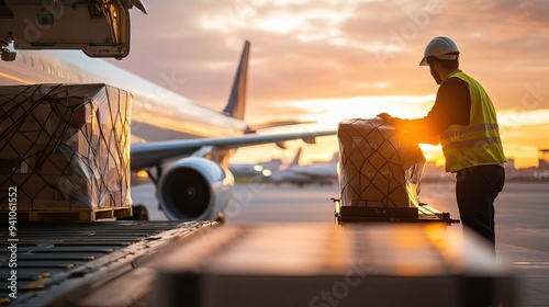 Logistics worker unloading cargo at an airport during sunset, showcasing the aviation industry and transportation efficiency.