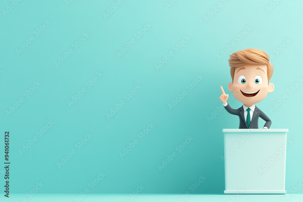 A cheerful cartoon character stands at a podium, pointing confidently. Perfect for presentations and motivational themes. A cheerful cartoon character stands at a podium, pointing confidently. Perfect for presentations and motivational themes.