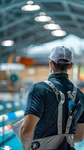 A worker is looking at the swimming pool