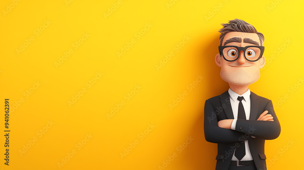 A confident cartoon businessman stands with crossed arms against a bright yellow background, exuding professionalism and charisma. A confident cartoon businessman stands with crossed arms against a bright yellow background, exuding professionalism and charisma.