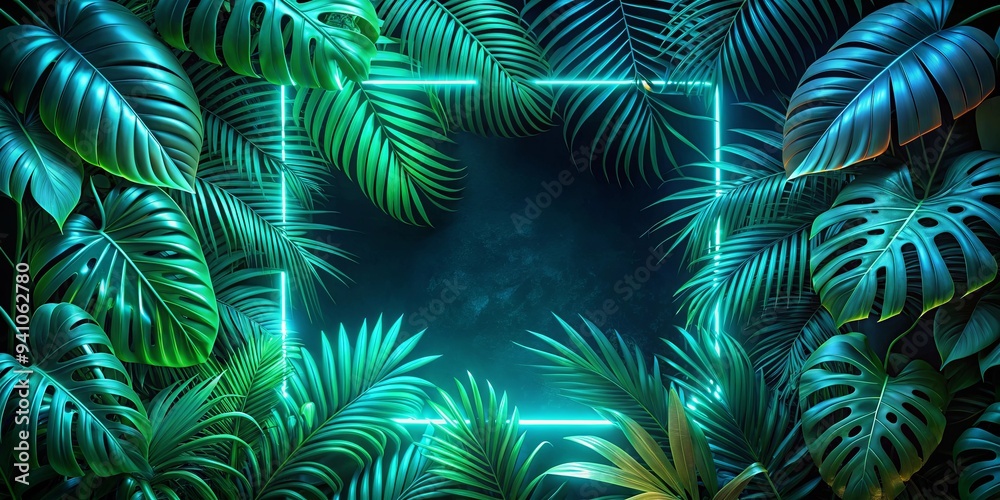 Vibrant green and blue neon light with tropical leaves on dark background Vibrant green and blue neon light with tropical leaves on dark background