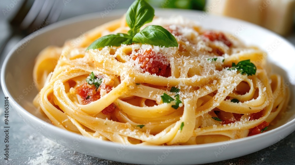 Fresh pasta dish with a rich tomato sauce and grated parmesan cheese Fresh pasta dish with a rich tomato sauce and grated parmesan cheese