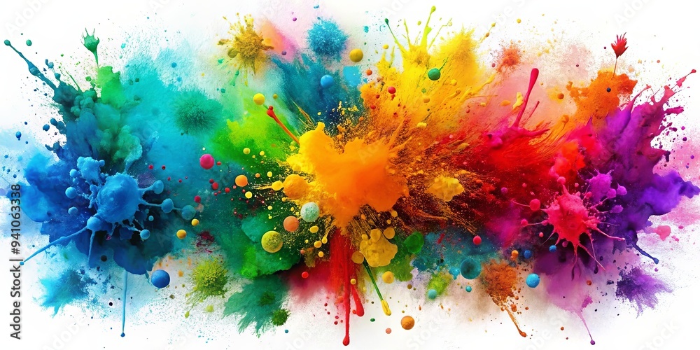 Fototapeta premium Colorful paint splatters and ink stains creating a messy watercolor effect in raw splashes
