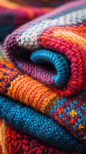 A colorful knitted blanket is piled on top of another colorful knitted blanket