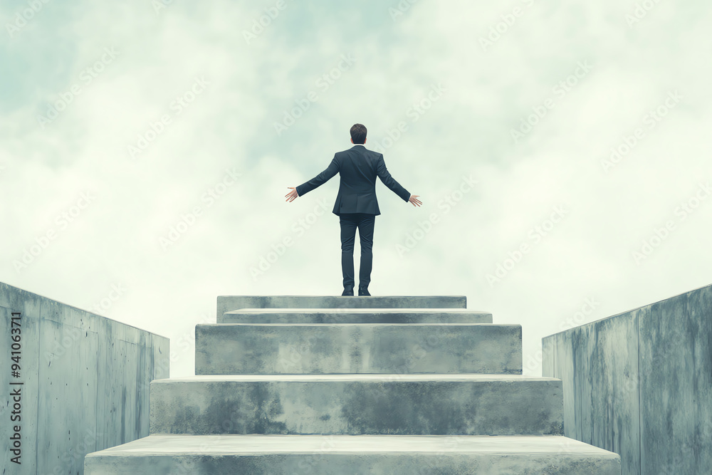 A man stands on abstract stairs reaching into the sky, symbolizing ambition, achievement, and the journey towards success. A man stands on abstract stairs reaching into the sky, symbolizing ambition, achievement, and the journey towards success.