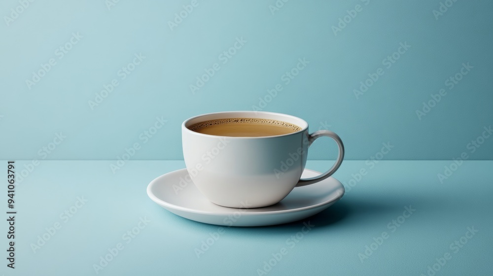 A white coffee cup sits on a saucer on a blue background