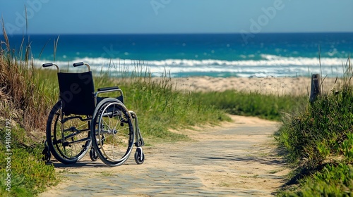 A wheelchair positioned on a path leading to the beach photo