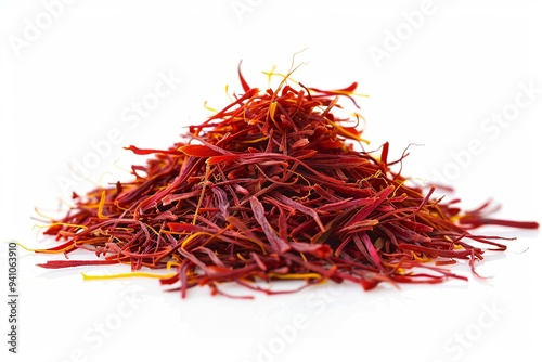 Saffron threads piled high on a white background, showcasing their vibrant red color and texture