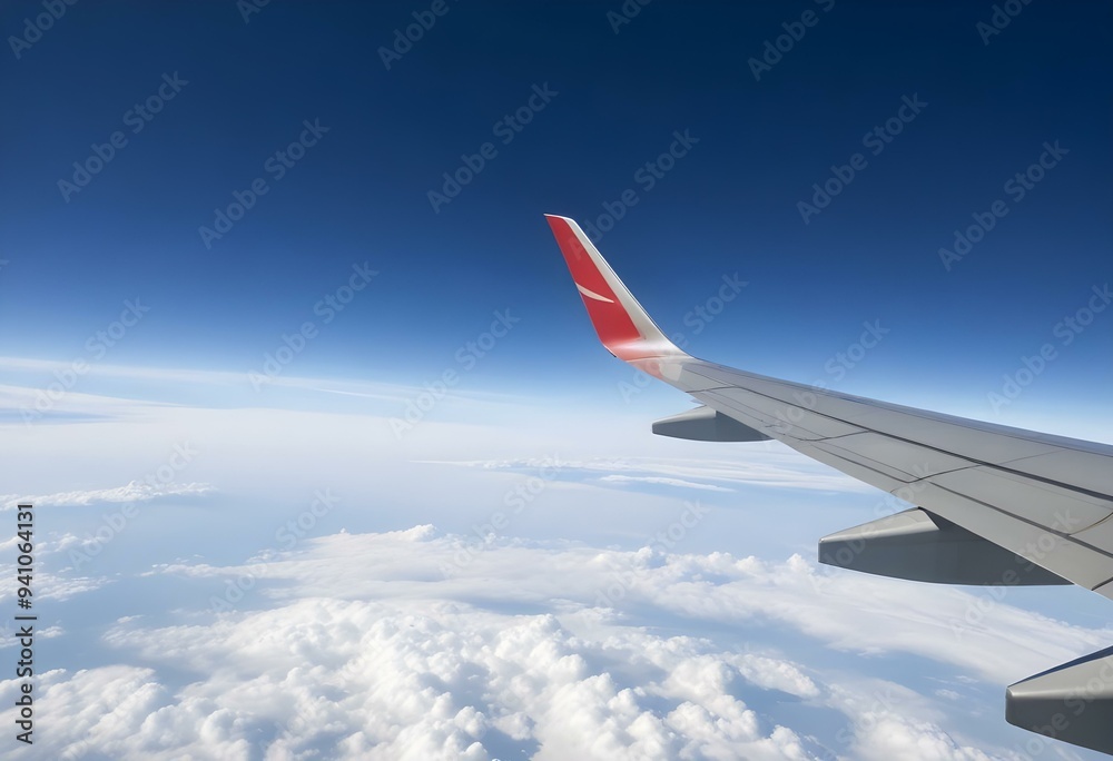 Airplane wing with winglet against a clear blue sky and clouds below Airplane wing with winglet against a clear blue sky and clouds below