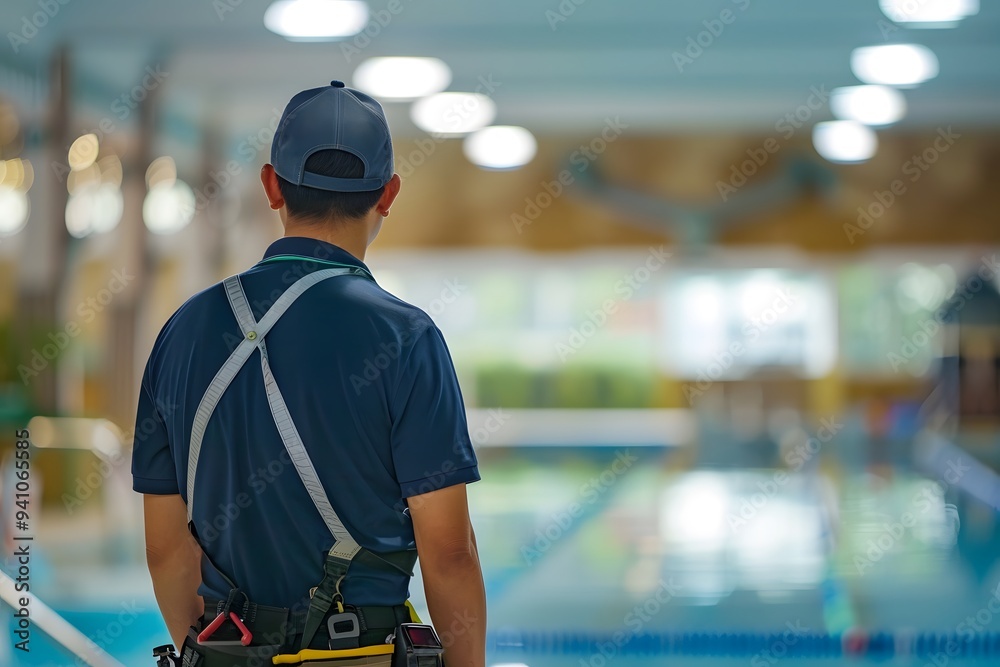 A worker is looking at the swimming pool A worker is looking at the swimming pool