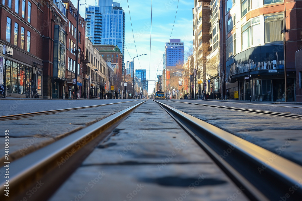 Trace Trolley Tracks Embedded in a City Street Extending into the Distance Trace Trolley Tracks Embedded in a City Street Extending into the Distance