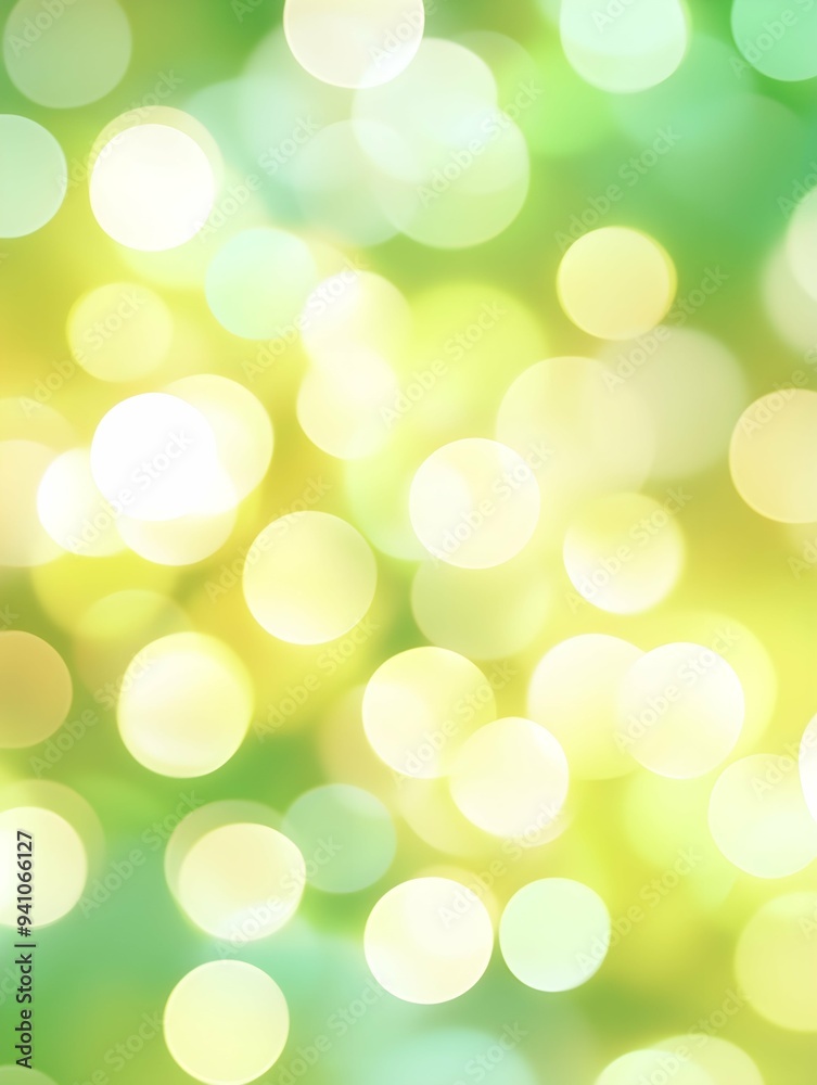 Obraz premium Abstract blurred fresh vivid spring summer light delicate pastel yellow green white bokeh background texture with bright circular soft color lights. Beautiful backdrop illustration