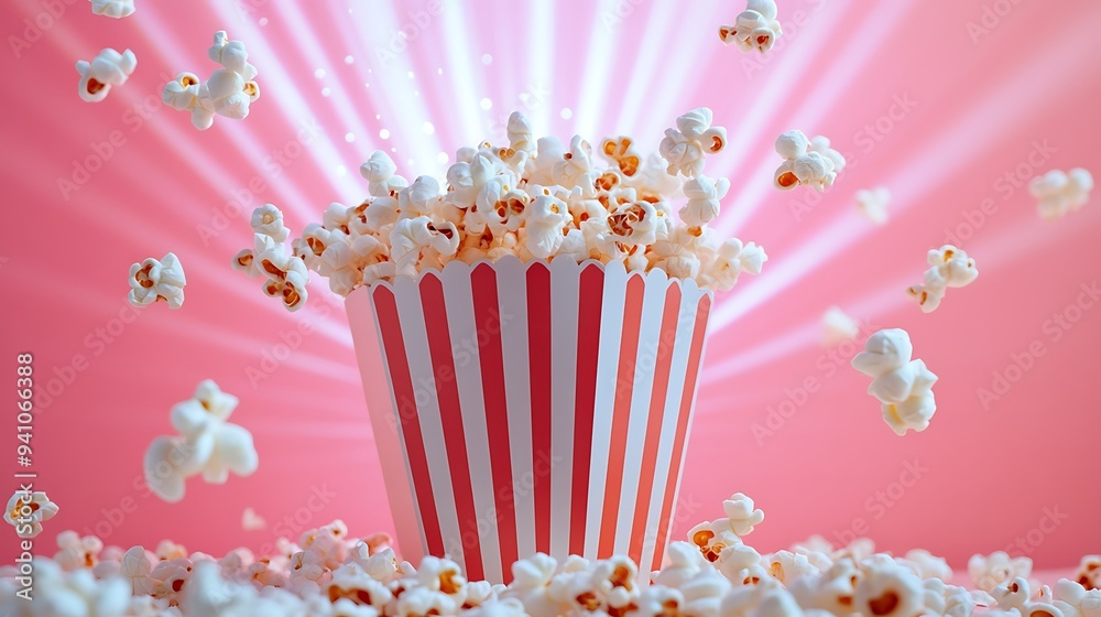 A red and white striped popcorn bucket filled with popcorn. The popcorn is falling out of the bucket and some are floating in the air. The background is pink with white light beams. A red and white striped popcorn bucket filled with popcorn. The popcorn is falling out of the bucket and some are floating in the air. The background is pink with white light beams.