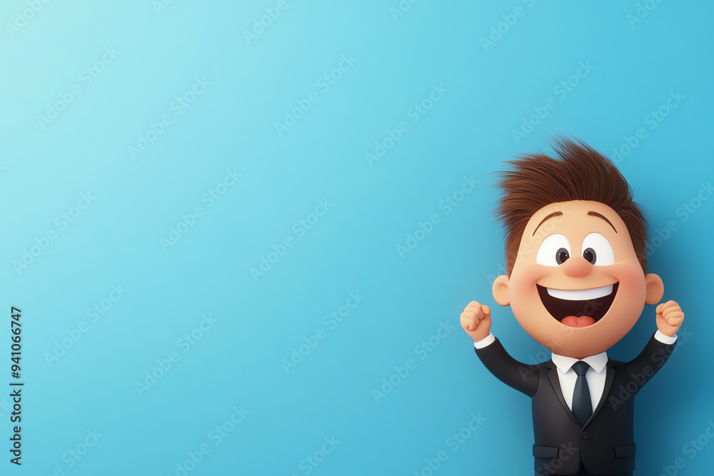 Happy cartoon businessman with a big smile celebrating success against a blue background. Happy cartoon businessman with a big smile celebrating success against a blue background.