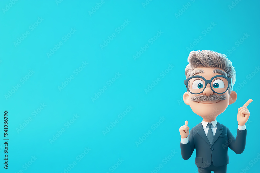 Playful cartoon character in a suit, gesturing with confidence against a bright blue background, perfect for business themes. Playful cartoon character in a suit, gesturing with confidence against a bright blue background, perfect for business themes.