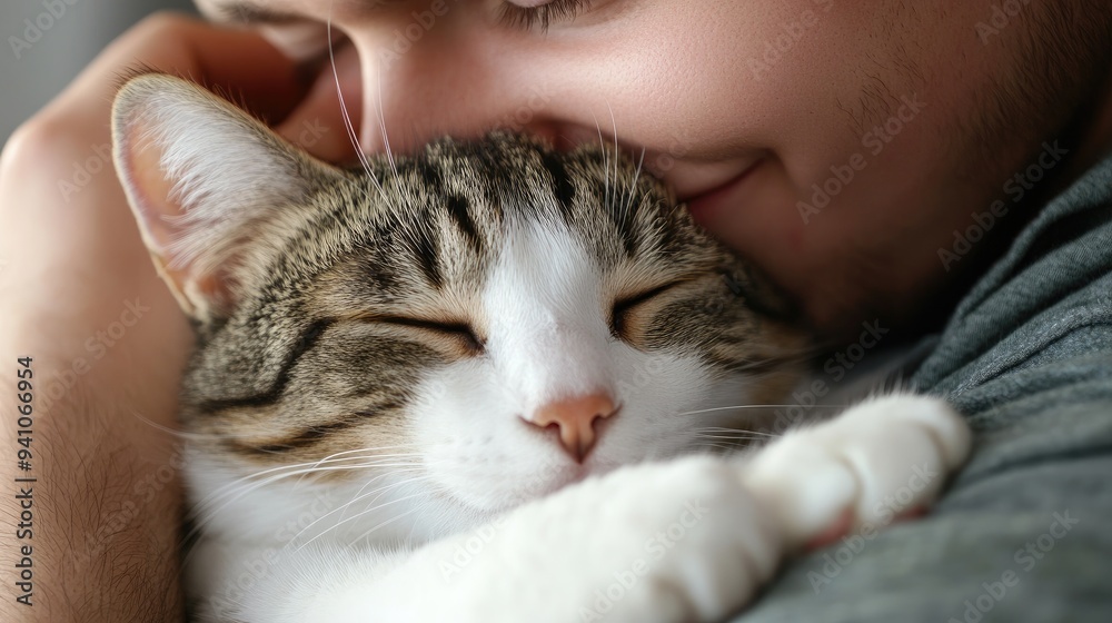 Man holding his cat in his arms, both looking content Man holding his cat in his arms, both looking content