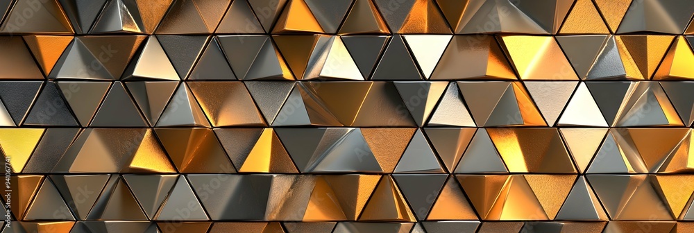Abstract triangular mosaic tile wallpaper texture with geometric fluted triangles of metallic gold silver copper background banner Abstract triangular mosaic tile wallpaper texture with geometric fluted triangles of metallic gold silver copper background banner