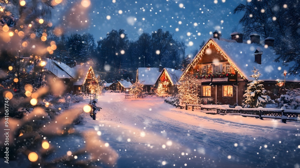 Fototapeta premium A snowy village scene with houses adorned with Christmas lights and decorations