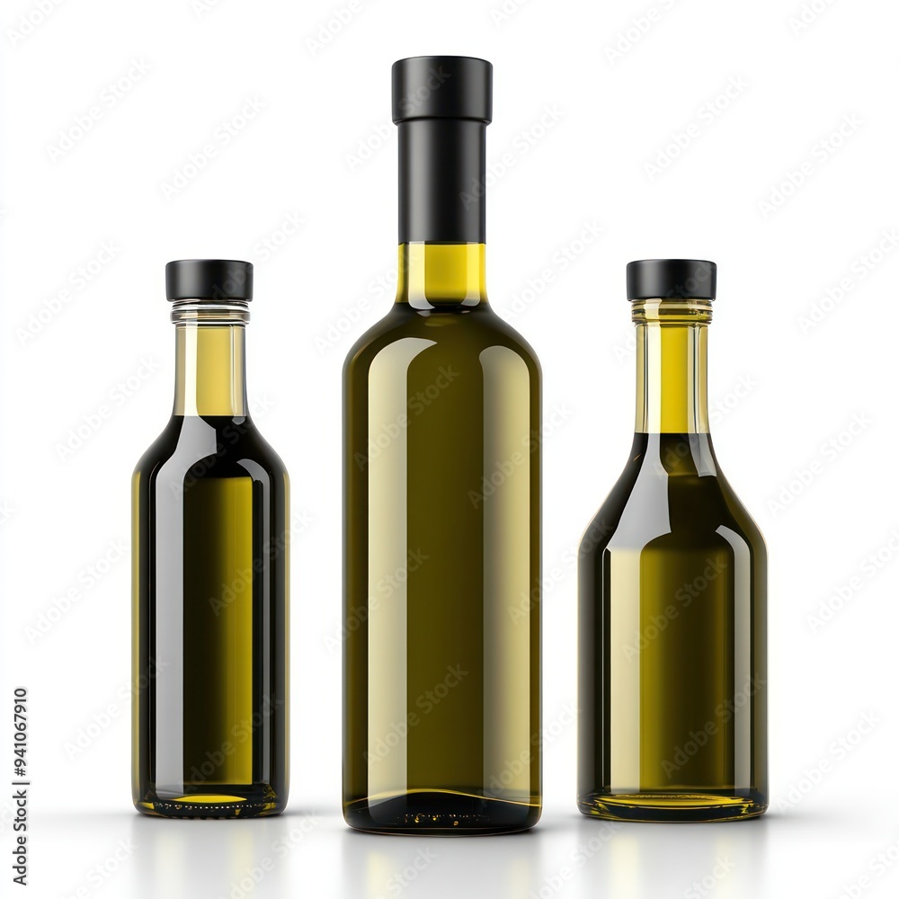 Three bottles of olive oil with a minimalist and modern design arranged against a plain background - AI Generated Digital Art. Three bottles of olive oil with a minimalist and modern design arranged against a plain background - AI Generated Digital Art.