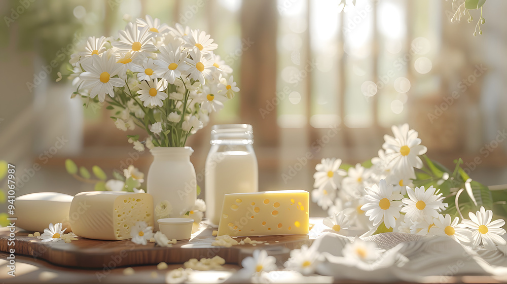 Organic dairy products, milk and cheese on wooden board Organic dairy products, milk and cheese on wooden board
