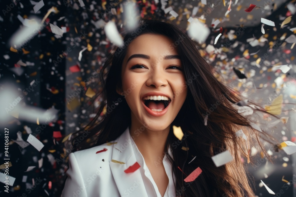 Dressed sharply in a business suit, a professional woman lets out an exuberant smile amidst a cascade of confetti, embracing the white hues of celebration. Dressed sharply in a business suit, a professional woman lets out an exuberant smile amidst a cascade of confetti, embracing the white hues of celebration.
