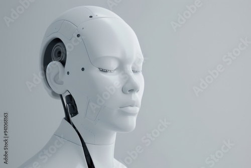 Hyperrealistic 3D render of e-skin-covered humanoid robot. Human-like emotions in studio portrait style. Explores the uncanny valley effect and intersection of advanced robotics and human expression.