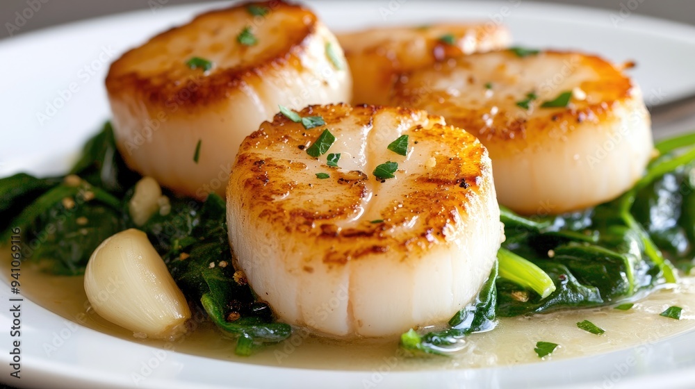 Seared scallops with a side spinach and garlic