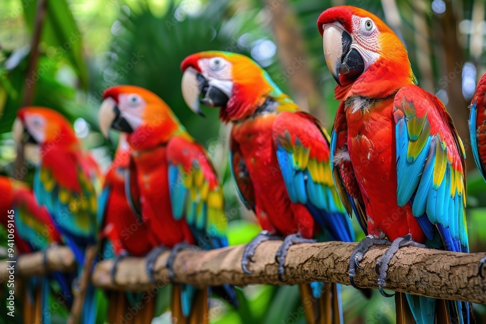a line of scarlet macaws sits together on a branch, their vivid plumage standing out against greenery. This lively scene captures dynamic and colorful essence of the jungle. a line of scarlet macaws sits together on a branch, their vivid plumage standing out against greenery. This lively scene captures dynamic and colorful essence of the jungle.