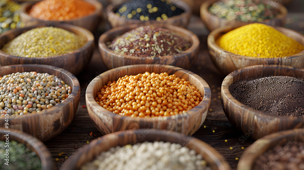 Organic grains, assorted in wooden bowls Organic grains, assorted in wooden bowls