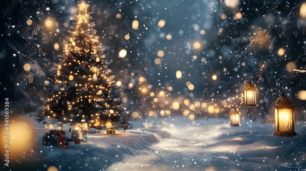 A winter scene with a decorated Christmas tree and glowing lanterns A winter scene with a decorated Christmas tree and glowing lanterns