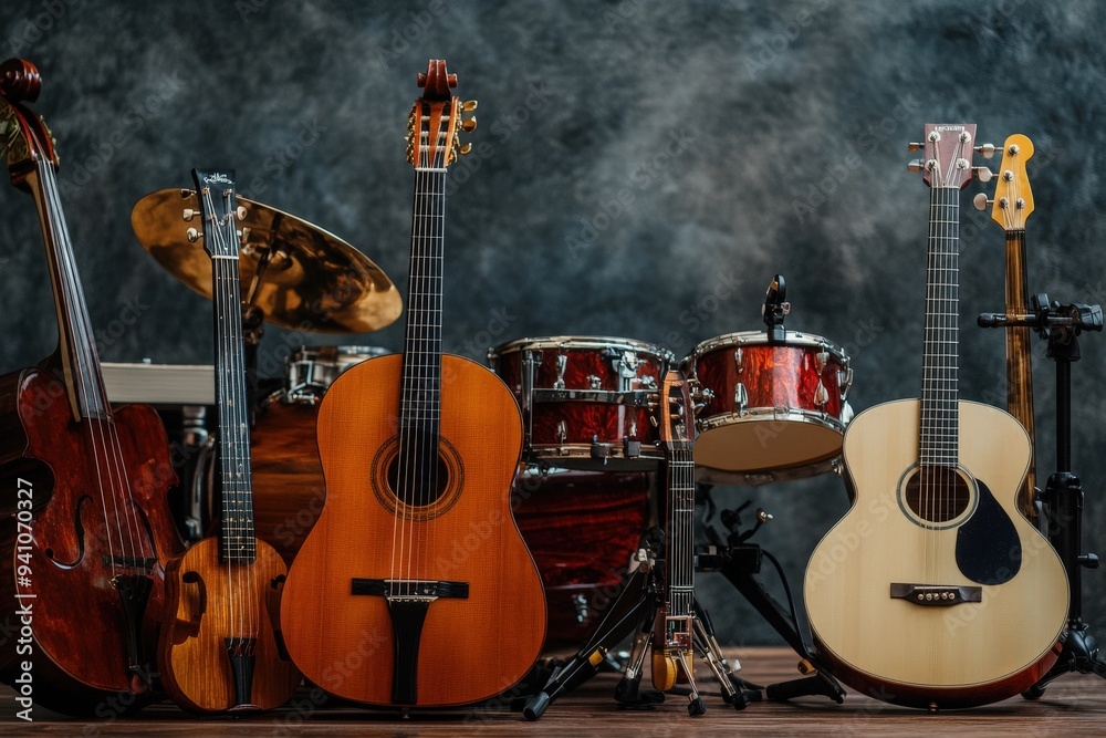 Fototapeta premium An assortment of musical instruments including guitars, a violin, a cello, and drums arranged against a dark backdrop, highlighting the diversity and rich heritage of music.