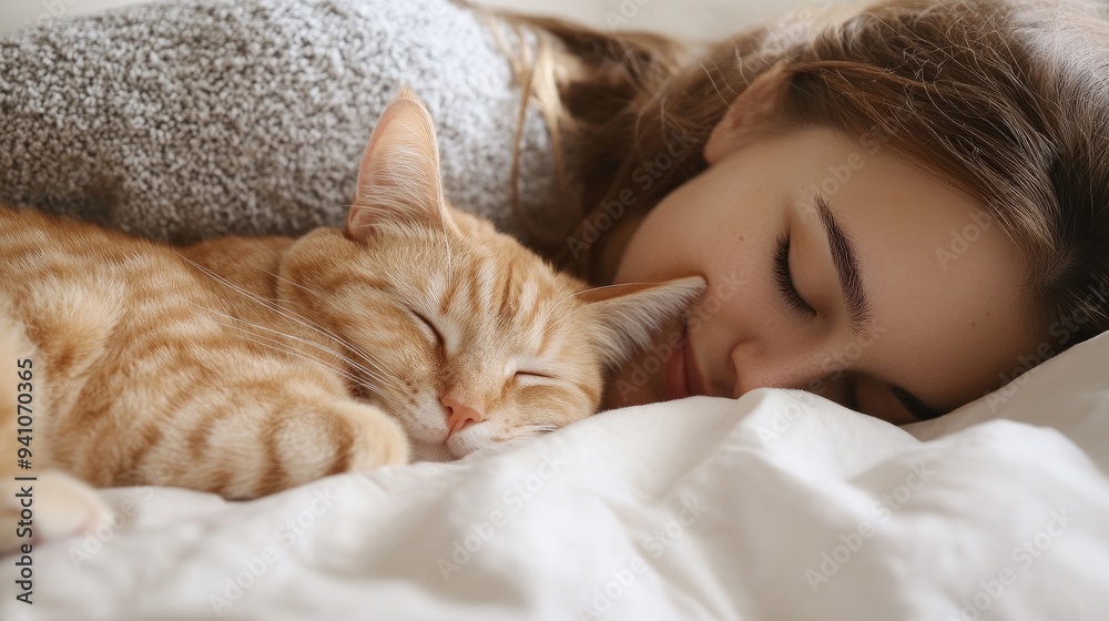 Woman lying in bed with her cat curled up beside her Woman lying in bed with her cat curled up beside her