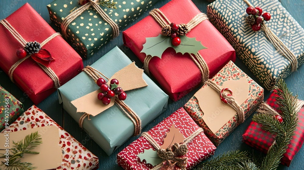 A collection of colorful Christmas gifts with handmade tags and bows A collection of colorful Christmas gifts with handmade tags and bows