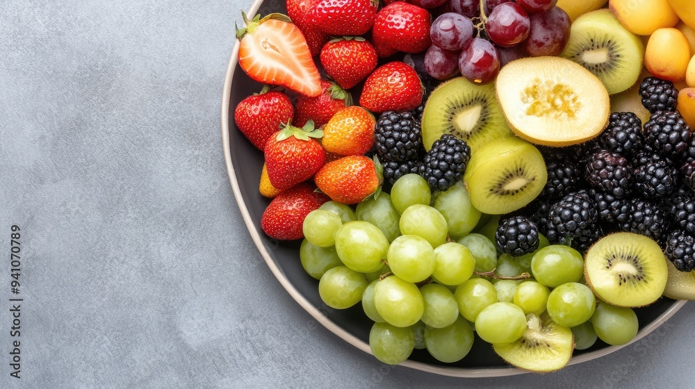 Top view of a fruit platter with a variety of fresh and colorful fruits Top view of a fruit platter with a variety of fresh and colorful fruits