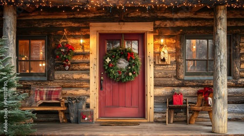 A rustic cabin with a Christmas wreath on the door and handmade decorations inside