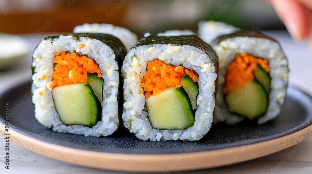 Vegan keto sushi rolls with cucumber, avocado, and cauliflower rice, served on a plate Vegan keto sushi rolls with cucumber, avocado, and cauliflower rice, served on a plate