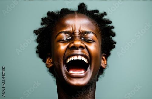 upset black girl screams, cries on grey background. shock and emotional breakdown, depression.