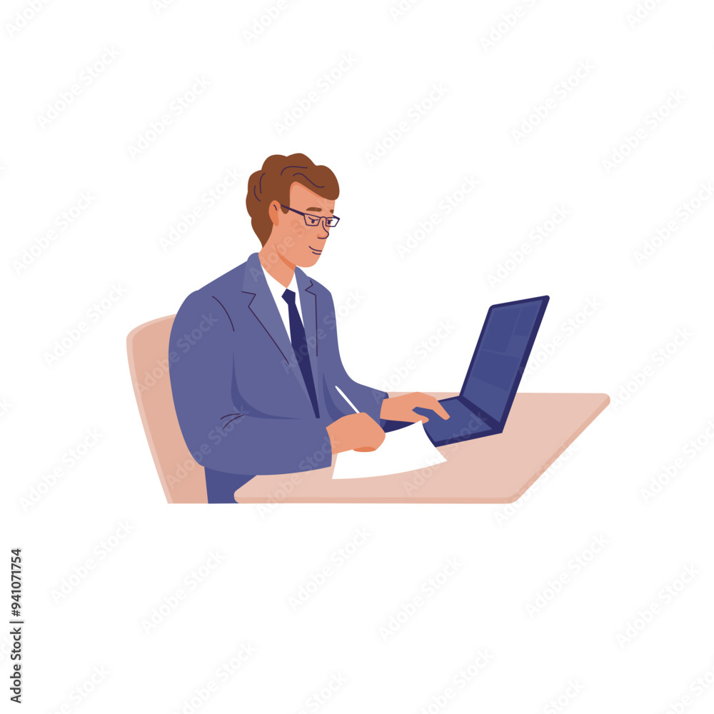 Business man in glasses is writing and working at a laptop. Vector color isolated illustration. Business man in glasses is writing and working at a laptop. Vector color isolated illustration.