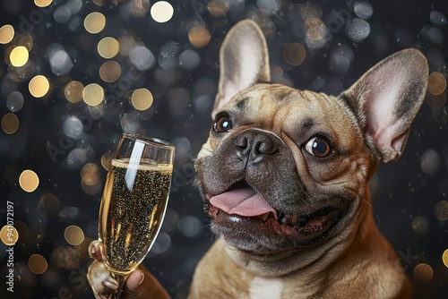 French bulldog holding a glass of champagne with festive bokeh lights and snowflakes in the background Generative AI