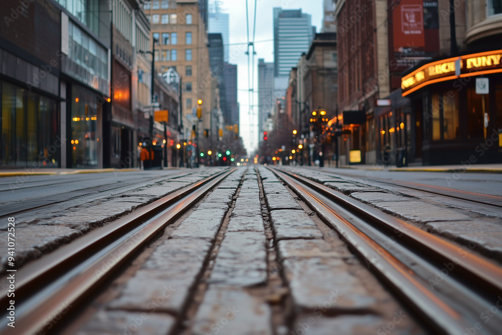 Follow Trolley Tracks Embedded in a City Street Extending Into the Distance Follow Trolley Tracks Embedded in a City Street Extending Into the Distance