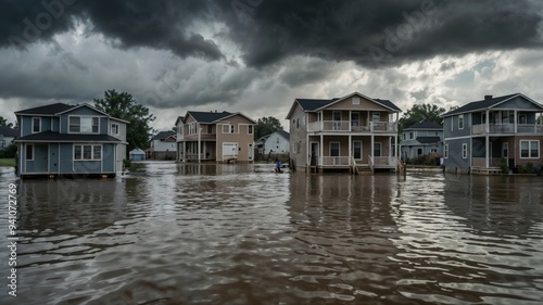 Flooded houses in a residential area, with makeshift rafts carrying distressed residents. The dark, stormy sky looms overhead, while debris floats in the water, signaling the severity of the storm.