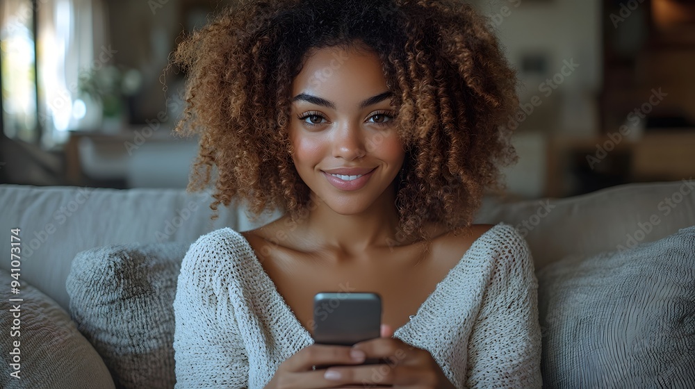 smiling beautiful woman checking her phone sitting on sofa in minimalist living room. digital lifestyle, relaxation and leisure, technology and daily life smiling beautiful woman checking her phone sitting on sofa in minimalist living room. digital lifestyle, relaxation and leisure, technology and daily life