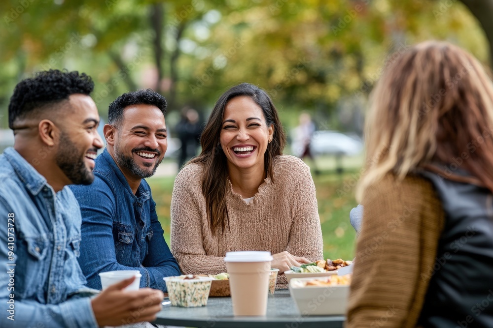 Four friends share a hearty laugh while sitting at an outdoor table with snacks and coffee cups, surrounded by the natural beauty of a park in the background.