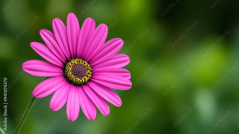 Fototapeta premium A single bright pink daisy in full bloom, spreading vibrant colors on a simple background. The vibrant petals of a single blooming flower highlight the delicate beauty and uniqueness of the flower.