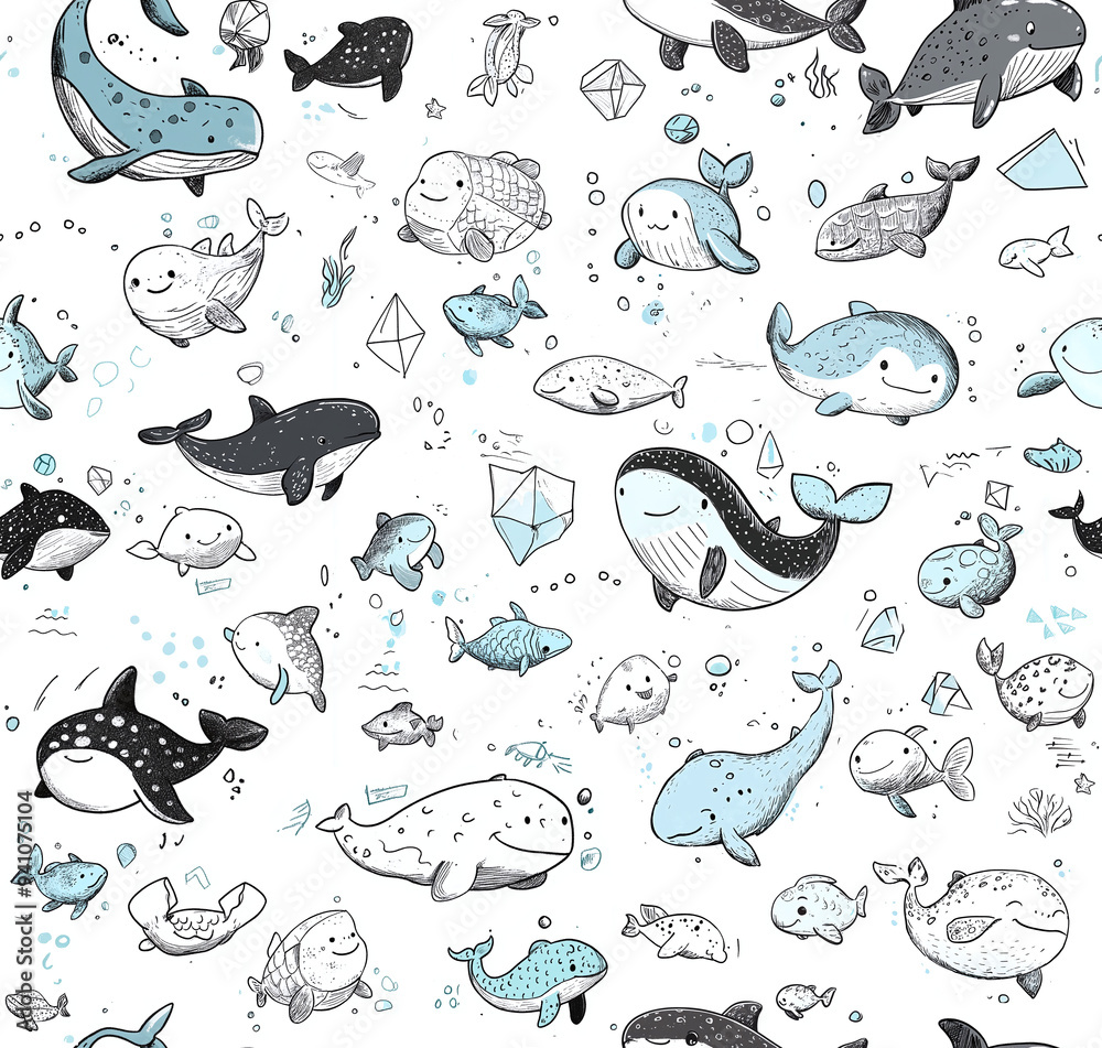Cute hand-drawn cartoon-style illustration of various cute animals, whales, and fish swimming in the ocean. Cute hand-drawn cartoon-style illustration of various cute animals, whales, and fish swimming in the ocean.