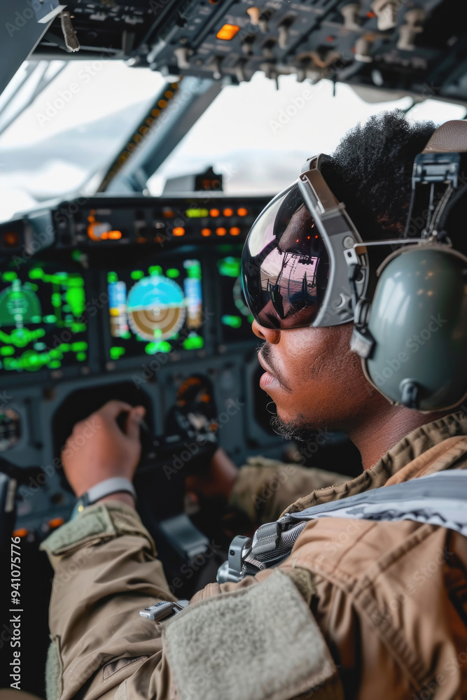 A pilot concentrates on flying the aircraft, using advanced equipment in the cockpit while navigating through a clear sky