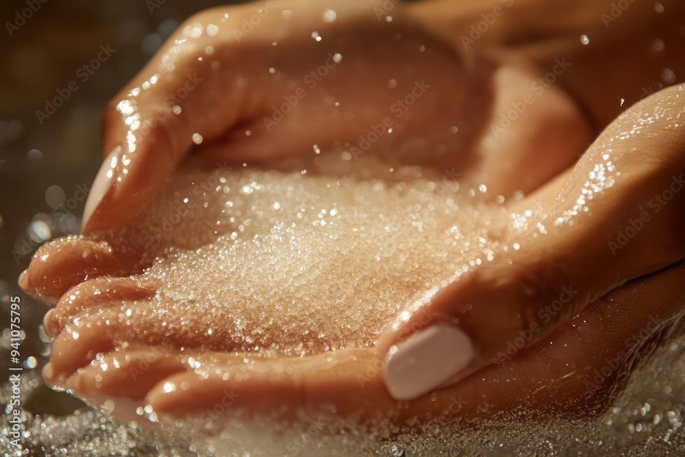 Fototapeta premium Hands being exfoliated with a sugar scrub, rejuvenating and cleansing aspect of hand care practices