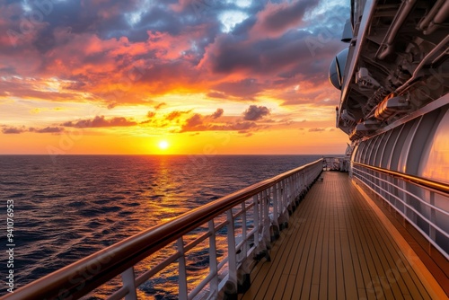 A peaceful sunset over the ocean, showcasing a myriad of colors from the walking deck of a cruise ship. The quiet scene highlights the serenity and expansive beauty of the moment. photo