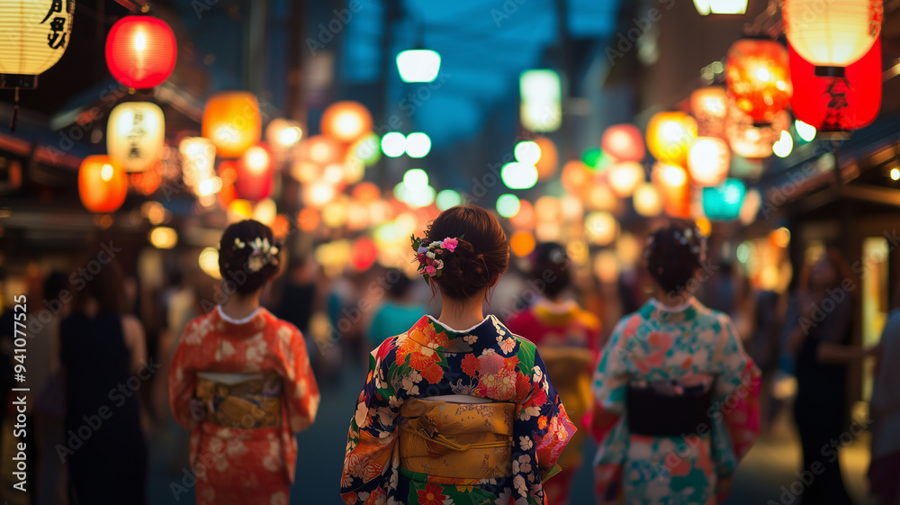 Photo of people in kimonos walking through the streets decorated with during a Tanabata or summer festival in Kyoto, night. This image evokes a travel concept Photo of people in kimonos walking through the streets decorated with during a Tanabata or summer festival in Kyoto, night. This image evokes a travel concept