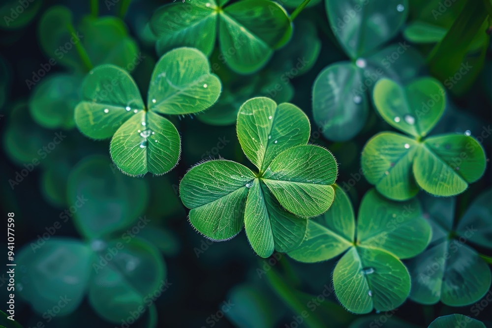 Close-up of four leaf clovers with water droplets on leaves, perfect for St Close-up of four leaf clovers with water droplets on leaves, perfect for St